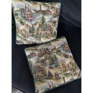 Vintage Tapestry Jacquard Victorian Country Cottage Throw Pillow Set Green
